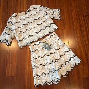 Sister Jane Crochet Set Shirt Shorts White Ivory Black Lace Scallop Two Piece S